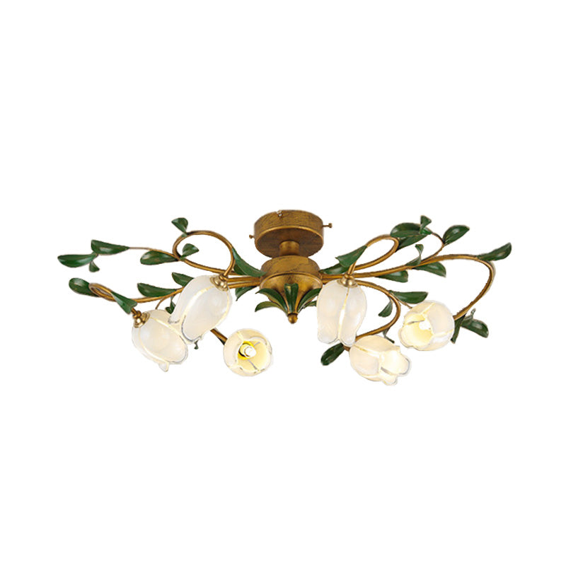 Lily/Tulip Metal Ceiling Fixture Countryside 6/8 Bulbs Bedroom LED Semi Flush Mount Lighting in Brass Clearhalo 'Ceiling Lights' 'Close To Ceiling Lights' 'Close to ceiling' 'Semi-flushmount' Lighting' 401464