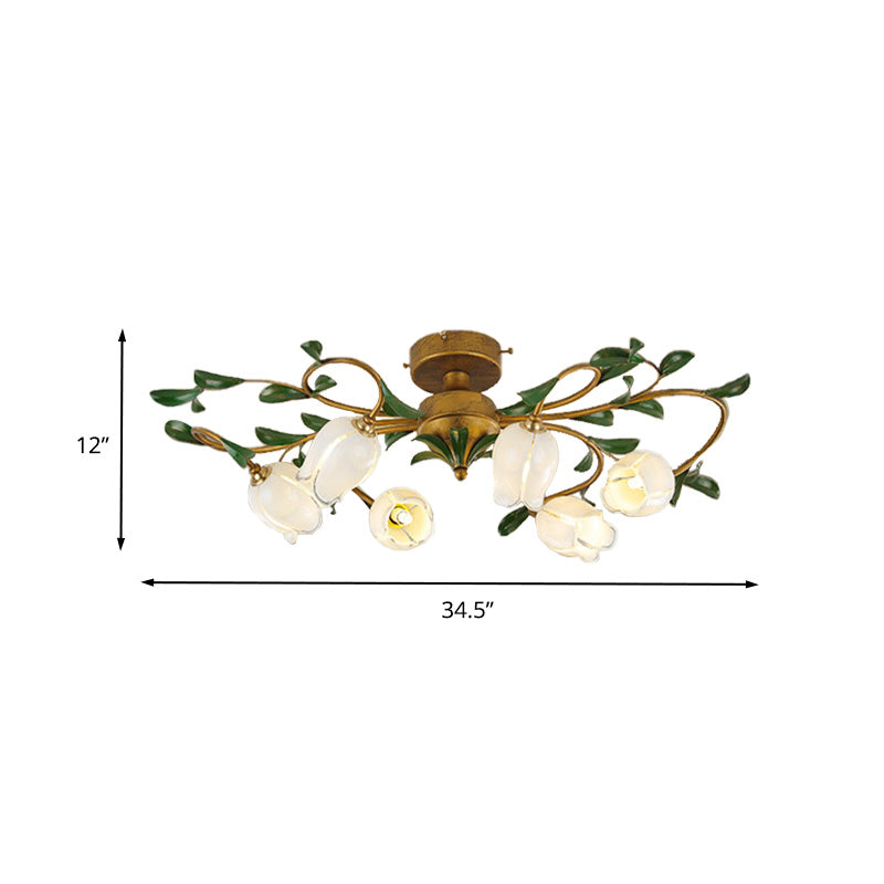 Lily/Tulip Metal Ceiling Fixture Countryside 6/8 Bulbs Bedroom LED Semi Flush Mount Lighting in Brass Clearhalo 'Ceiling Lights' 'Close To Ceiling Lights' 'Close to ceiling' 'Semi-flushmount' Lighting' 401465