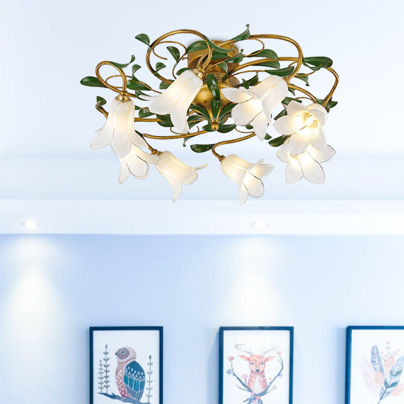 Lily/Tulip Metal Ceiling Fixture Countryside 6/8 Bulbs Bedroom LED Semi Flush Mount Lighting in Brass Clearhalo 'Ceiling Lights' 'Close To Ceiling Lights' 'Close to ceiling' 'Semi-flushmount' Lighting' 401467