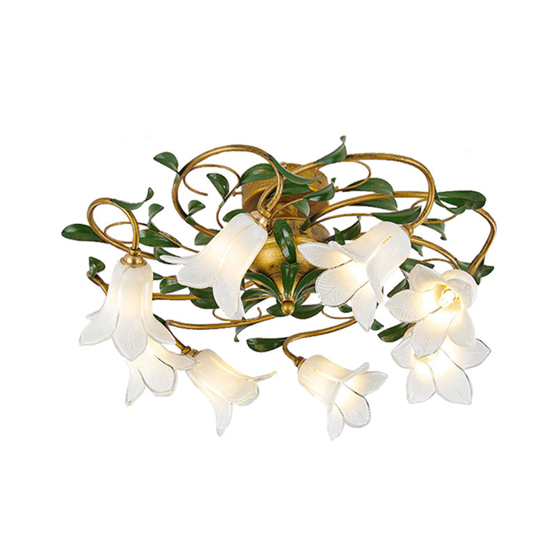 Lily/Tulip Metal Ceiling Fixture Countryside 6/8 Bulbs Bedroom LED Semi Flush Mount Lighting in Brass Clearhalo 'Ceiling Lights' 'Close To Ceiling Lights' 'Close to ceiling' 'Semi-flushmount' Lighting' 401468