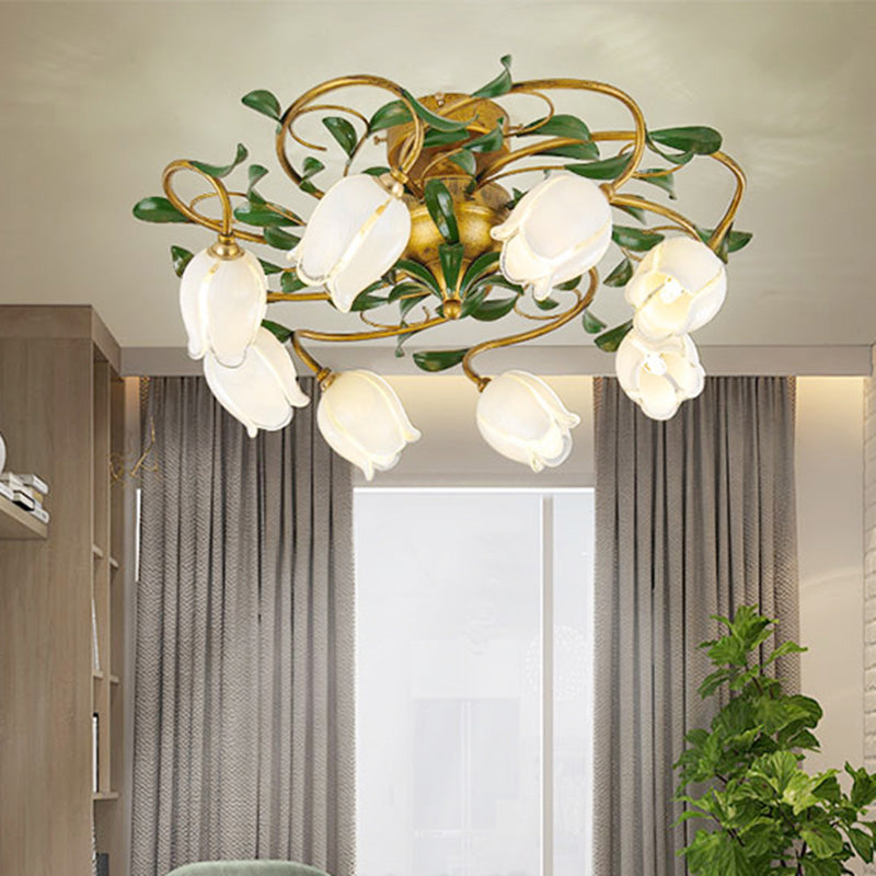 Lily/Tulip Metal Ceiling Fixture Countryside 6/8 Bulbs Bedroom LED Semi Flush Mount Lighting in Brass 8 Brass B Clearhalo 'Ceiling Lights' 'Close To Ceiling Lights' 'Close to ceiling' 'Semi-flushmount' Lighting' 401470