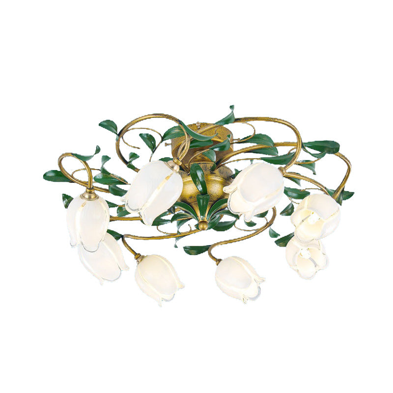 Lily/Tulip Metal Ceiling Fixture Countryside 6/8 Bulbs Bedroom LED Semi Flush Mount Lighting in Brass Clearhalo 'Ceiling Lights' 'Close To Ceiling Lights' 'Close to ceiling' 'Semi-flushmount' Lighting' 401472