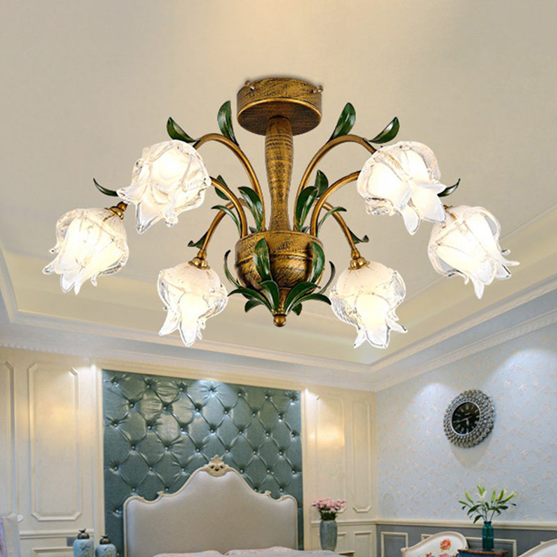 Countryside Flower Ceiling Light Fixture 6/8/10 Bulbs Metal LED Semi Flush Mount Lighting in Brass for Bedroom Clearhalo 'Ceiling Lights' 'Close To Ceiling Lights' 'Close to ceiling' 'Semi-flushmount' Lighting' 401475