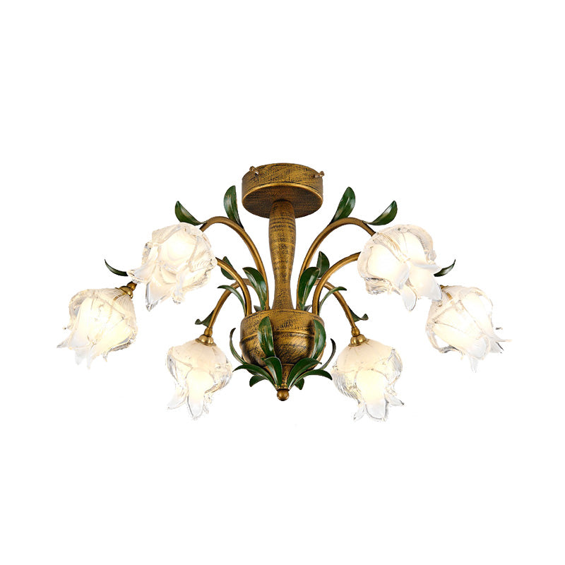 Countryside Flower Ceiling Light Fixture 6/8/10 Bulbs Metal LED Semi Flush Mount Lighting in Brass for Bedroom Clearhalo 'Ceiling Lights' 'Close To Ceiling Lights' 'Close to ceiling' 'Semi-flushmount' Lighting' 401476