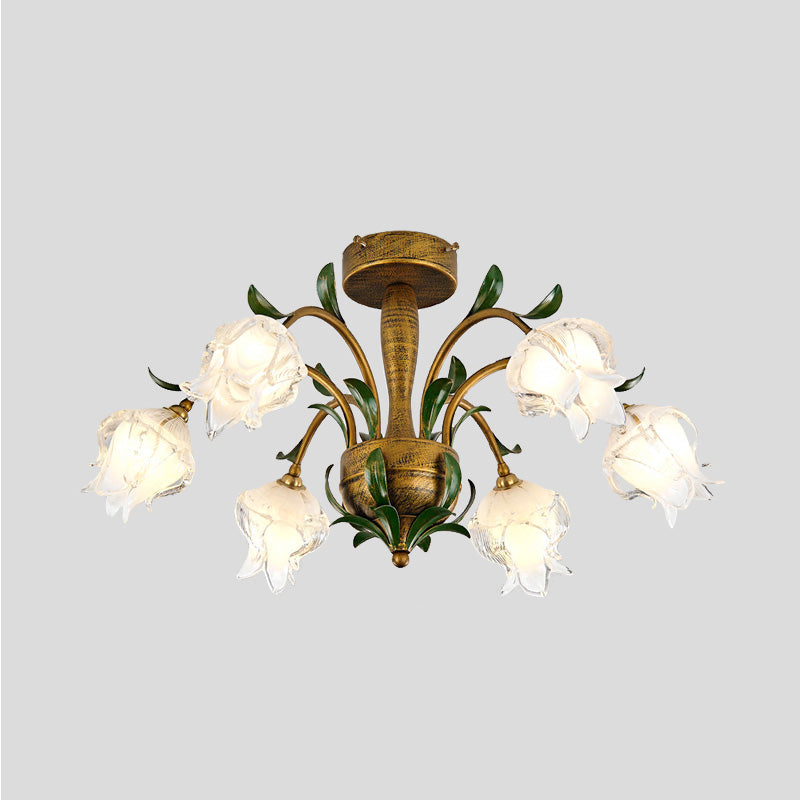 Countryside Flower Ceiling Light Fixture 6/8/10 Bulbs Metal LED Semi Flush Mount Lighting in Brass for Bedroom Clearhalo 'Ceiling Lights' 'Close To Ceiling Lights' 'Close to ceiling' 'Semi-flushmount' Lighting' 401477