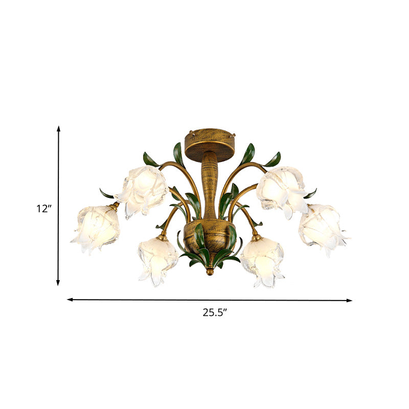 Countryside Flower Ceiling Light Fixture 6/8/10 Bulbs Metal LED Semi Flush Mount Lighting in Brass for Bedroom Clearhalo 'Ceiling Lights' 'Close To Ceiling Lights' 'Close to ceiling' 'Semi-flushmount' Lighting' 401478