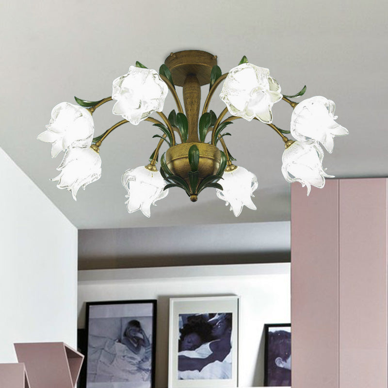 Countryside Flower Ceiling Light Fixture 6/8/10 Bulbs Metal LED Semi Flush Mount Lighting in Brass for Bedroom 8 Brass Clearhalo 'Ceiling Lights' 'Close To Ceiling Lights' 'Close to ceiling' 'Semi-flushmount' Lighting' 401479