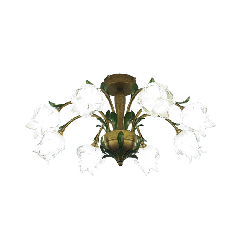 Countryside Flower Ceiling Light Fixture 6/8/10 Bulbs Metal LED Semi Flush Mount Lighting in Brass for Bedroom Clearhalo 'Ceiling Lights' 'Close To Ceiling Lights' 'Close to ceiling' 'Semi-flushmount' Lighting' 401481