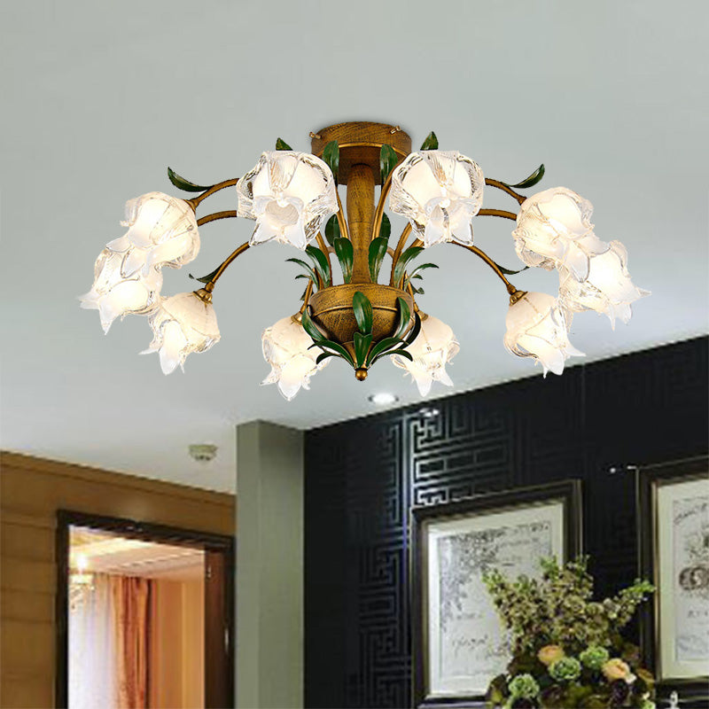 Countryside Flower Ceiling Light Fixture 6/8/10 Bulbs Metal LED Semi Flush Mount Lighting in Brass for Bedroom Clearhalo 'Ceiling Lights' 'Close To Ceiling Lights' 'Close to ceiling' 'Semi-flushmount' Lighting' 401484