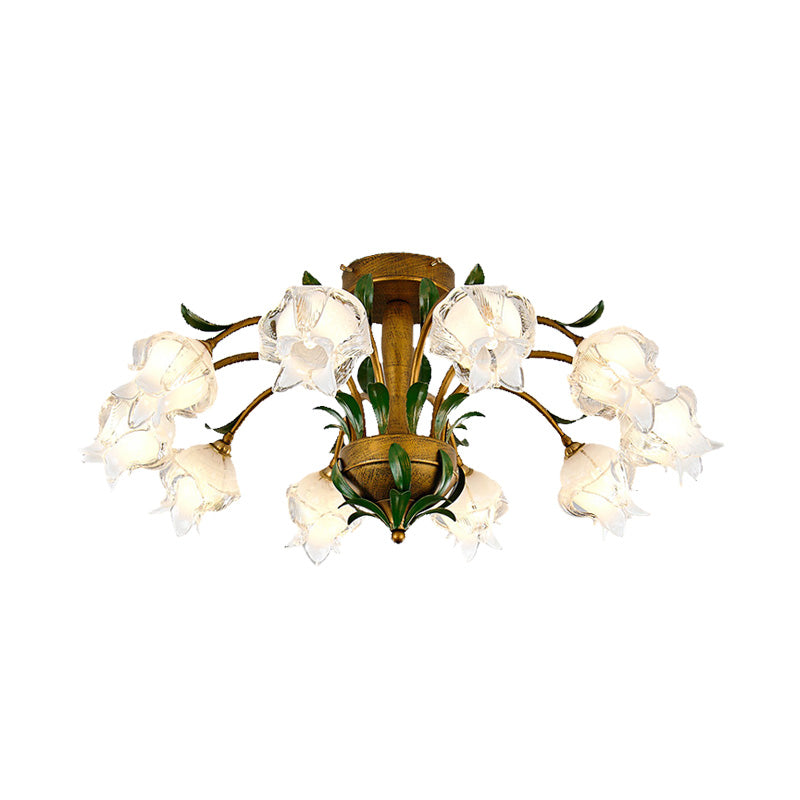 Countryside Flower Ceiling Light Fixture 6/8/10 Bulbs Metal LED Semi Flush Mount Lighting in Brass for Bedroom Clearhalo 'Ceiling Lights' 'Close To Ceiling Lights' 'Close to ceiling' 'Semi-flushmount' Lighting' 401485