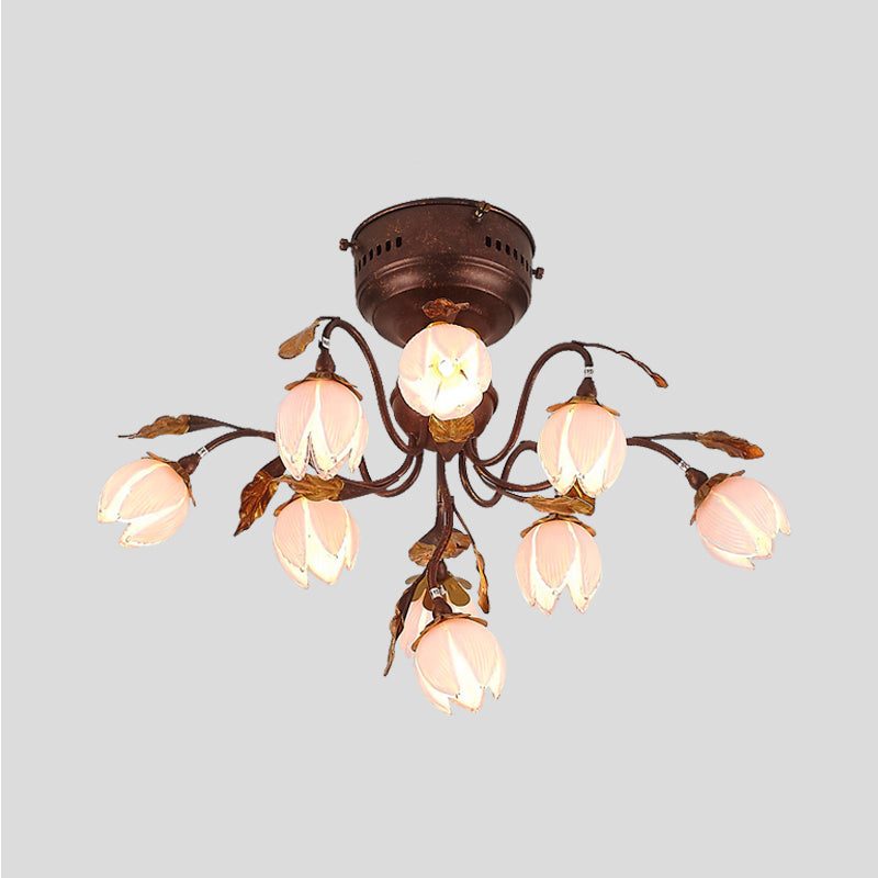 Lotus Metal Ceiling Lamp Pastoral Style 9 Bulbs Living Room Semi Flush Mount Light Fixture in Dark Brown Clearhalo 'Ceiling Lights' 'Close To Ceiling Lights' 'Close to ceiling' 'Semi-flushmount' Lighting' 401547