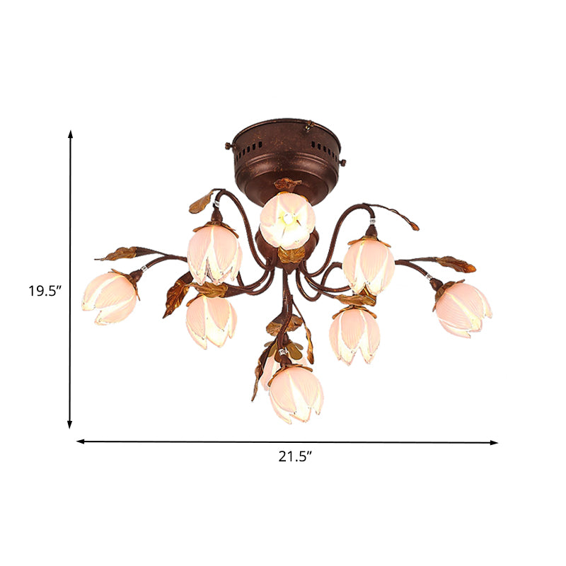 Lotus Metal Ceiling Lamp Pastoral Style 9 Bulbs Living Room Semi Flush Mount Light Fixture in Dark Brown Clearhalo 'Ceiling Lights' 'Close To Ceiling Lights' 'Close to ceiling' 'Semi-flushmount' Lighting' 401548