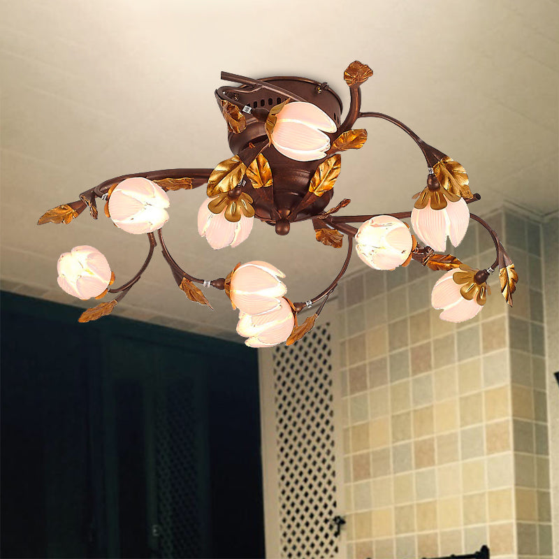 Lotus Metal Ceiling Lamp Pastoral Style 9 Bulbs Living Room Semi Flush Mount Light Fixture in Dark Brown Dark Brown B Clearhalo 'Ceiling Lights' 'Close To Ceiling Lights' 'Close to ceiling' 'Semi-flushmount' Lighting' 401549