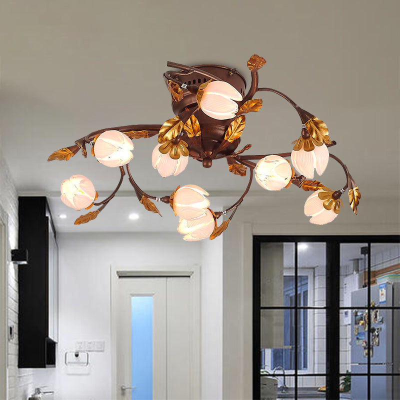 Lotus Metal Ceiling Lamp Pastoral Style 9 Bulbs Living Room Semi Flush Mount Light Fixture in Dark Brown Clearhalo 'Ceiling Lights' 'Close To Ceiling Lights' 'Close to ceiling' 'Semi-flushmount' Lighting' 401550