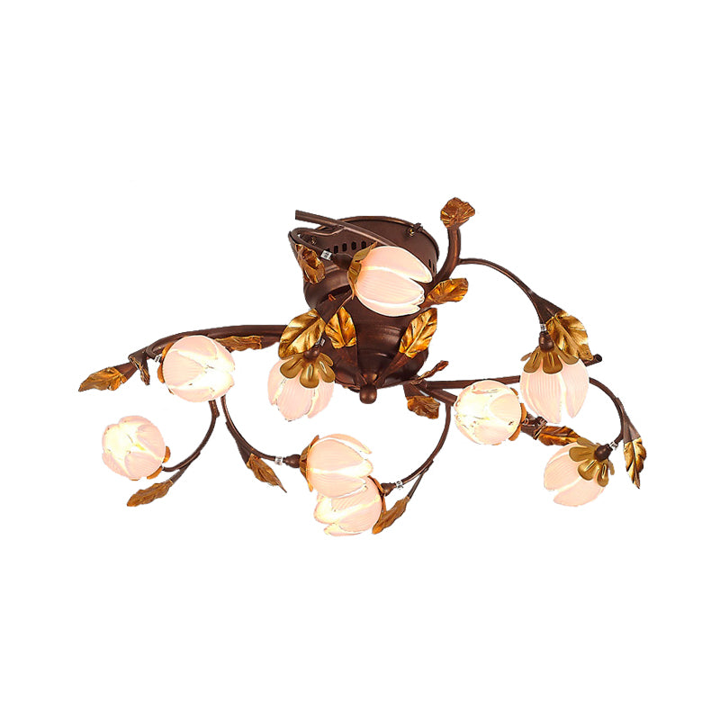 Lotus Metal Ceiling Lamp Pastoral Style 9 Bulbs Living Room Semi Flush Mount Light Fixture in Dark Brown Clearhalo 'Ceiling Lights' 'Close To Ceiling Lights' 'Close to ceiling' 'Semi-flushmount' Lighting' 401551