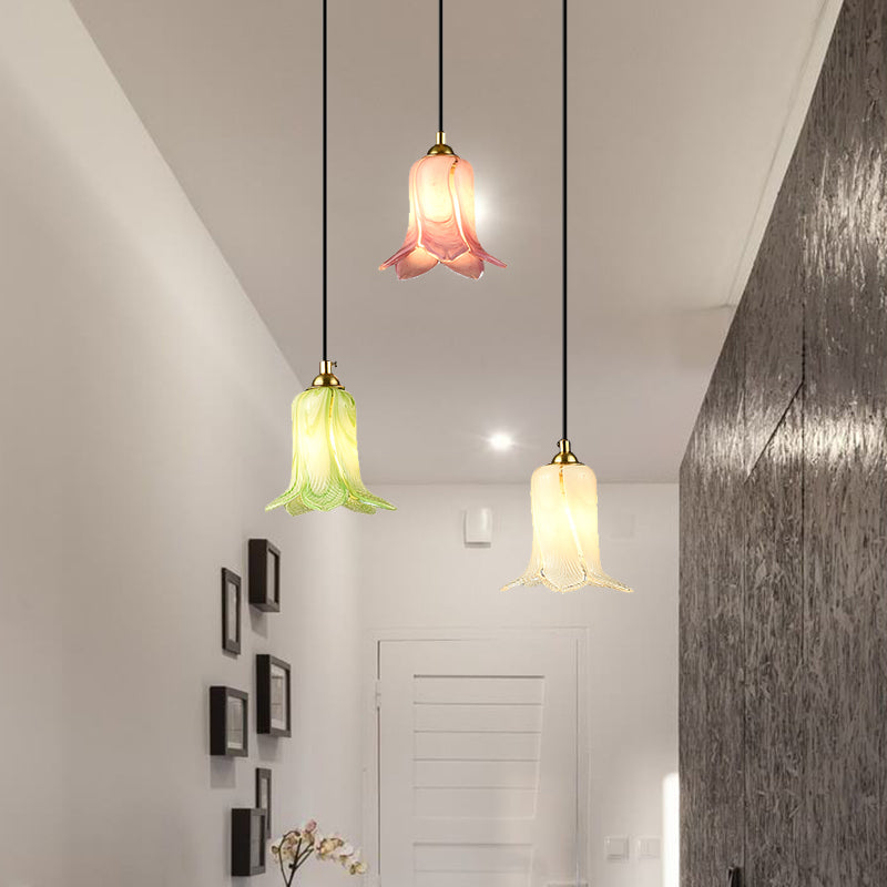 Romantic Pastoral Lily Cluster Pendant 3 Bulbs White/Green/Purple Glass LED Ceiling Hang Fixture for Foyer White-Green-Yellow Clearhalo 'Ceiling Lights' 'Chandeliers' 'Glass shade' 'Glass' 'Pendant Lights' 'Pendants' Lighting' 401553