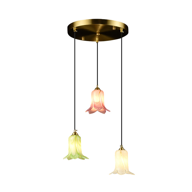 Romantic Pastoral Lily Cluster Pendant 3 Bulbs White/Green/Purple Glass LED Ceiling Hang Fixture for Foyer Clearhalo 'Ceiling Lights' 'Chandeliers' 'Glass shade' 'Glass' 'Pendant Lights' 'Pendants' Lighting' 401555