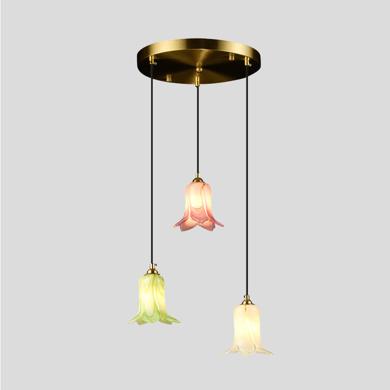 Romantic Pastoral Lily Cluster Pendant 3 Bulbs White/Green/Purple Glass LED Ceiling Hang Fixture for Foyer Clearhalo 'Ceiling Lights' 'Chandeliers' 'Glass shade' 'Glass' 'Pendant Lights' 'Pendants' Lighting' 401556