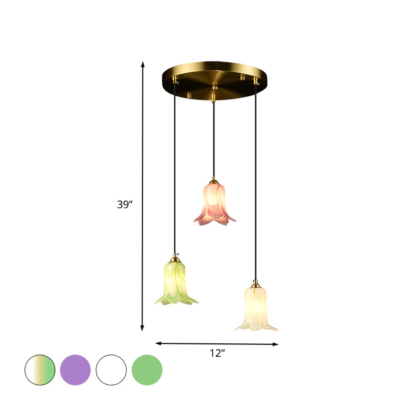 Romantic Pastoral Lily Cluster Pendant 3 Bulbs White/Green/Purple Glass LED Ceiling Hang Fixture for Foyer Clearhalo 'Ceiling Lights' 'Chandeliers' 'Glass shade' 'Glass' 'Pendant Lights' 'Pendants' Lighting' 401557