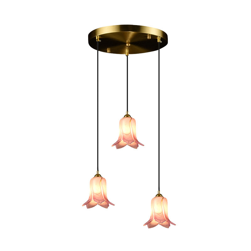 Romantic Pastoral Lily Cluster Pendant 3 Bulbs White/Green/Purple Glass LED Ceiling Hang Fixture for Foyer Clearhalo 'Ceiling Lights' 'Chandeliers' 'Glass shade' 'Glass' 'Pendant Lights' 'Pendants' Lighting' 401560