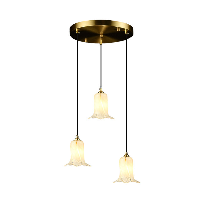 Romantic Pastoral Lily Cluster Pendant 3 Bulbs White/Green/Purple Glass LED Ceiling Hang Fixture for Foyer Clearhalo 'Ceiling Lights' 'Chandeliers' 'Glass shade' 'Glass' 'Pendant Lights' 'Pendants' Lighting' 401563