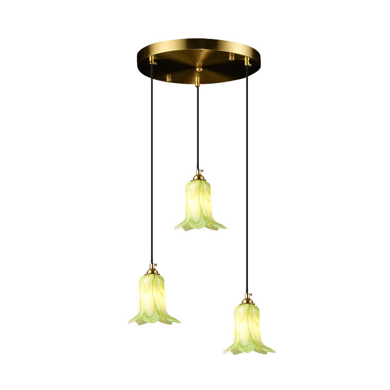 Romantic Pastoral Lily Cluster Pendant 3 Bulbs White/Green/Purple Glass LED Ceiling Hang Fixture for Foyer Clearhalo 'Ceiling Lights' 'Chandeliers' 'Glass shade' 'Glass' 'Pendant Lights' 'Pendants' Lighting' 401566
