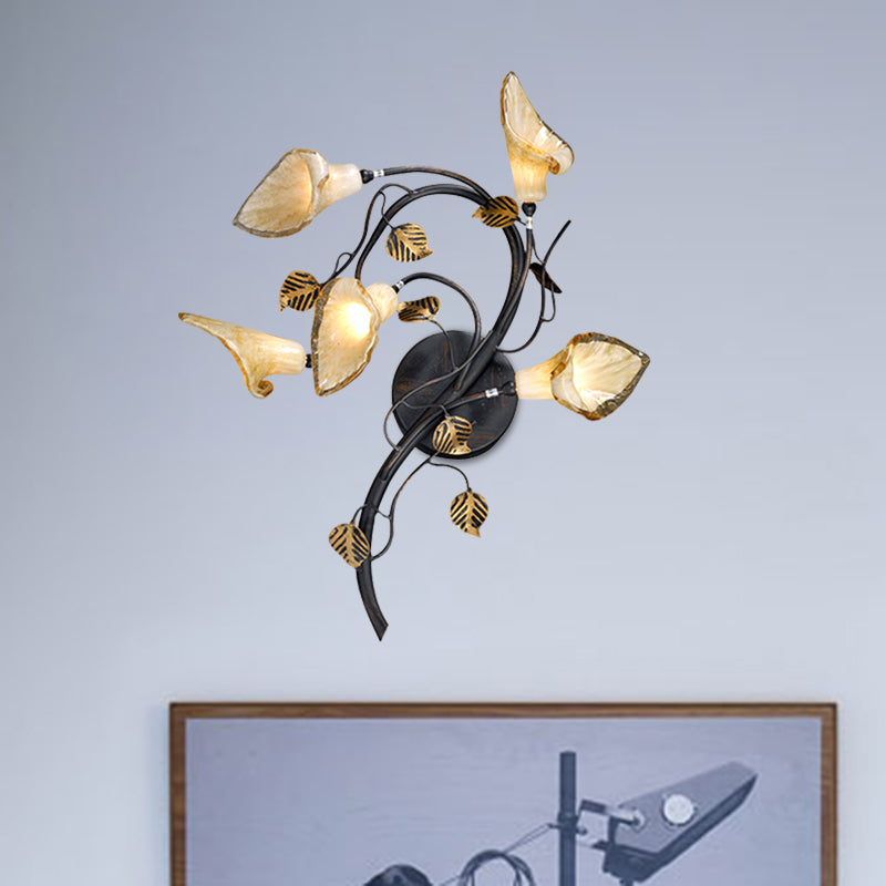 Blossom Living Room Sconce Light American Garden Metal 5 Heads Black Wall Lighting Fixture Black Clearhalo 'Wall Lamps & Sconces' 'Wall Lights' Lighting' 401586