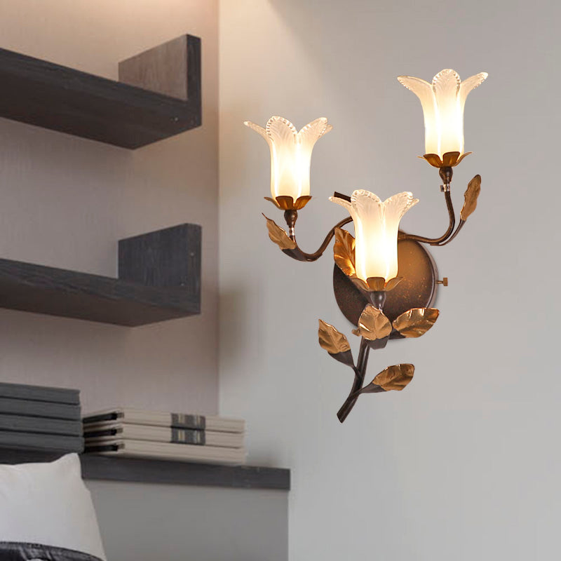 Dark Brown 3 Bulbs Wall Light American Garden Metal Lotus/Lily/Tulip LED Wall Mount Lighting for Living Room Dark Brown A Clearhalo 'Wall Lamps & Sconces' 'Wall Lights' Lighting' 401615