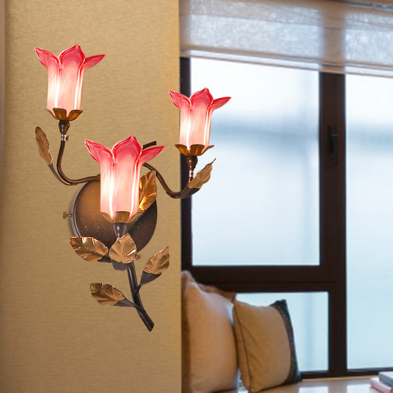 Dark Brown 3 Bulbs Wall Light American Garden Metal Lotus/Lily/Tulip LED Wall Mount Lighting for Living Room Dark Brown B Clearhalo 'Wall Lamps & Sconces' 'Wall Lights' Lighting' 401620