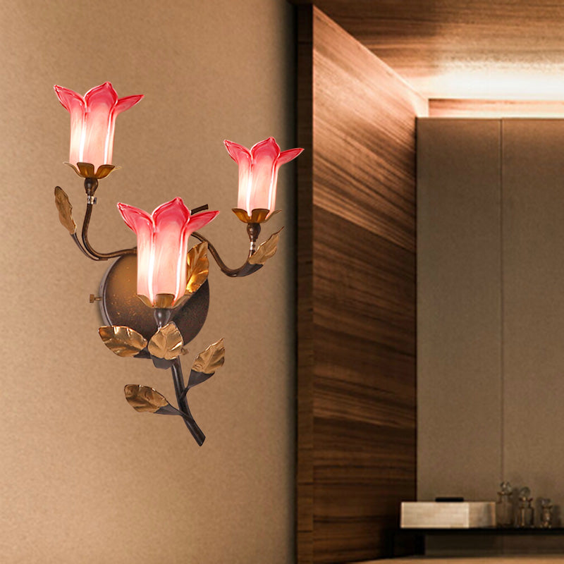 Dark Brown 3 Bulbs Wall Light American Garden Metal Lotus/Lily/Tulip LED Wall Mount Lighting for Living Room Clearhalo 'Wall Lamps & Sconces' 'Wall Lights' Lighting' 401621