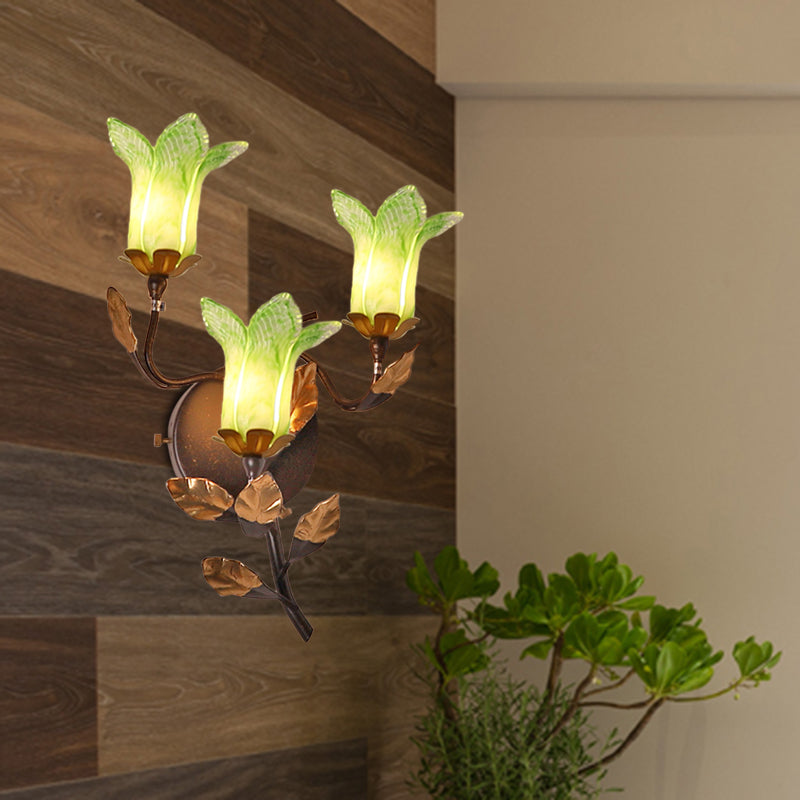 Dark Brown 3 Bulbs Wall Light American Garden Metal Lotus/Lily/Tulip LED Wall Mount Lighting for Living Room Dark Brown C Clearhalo 'Wall Lamps & Sconces' 'Wall Lights' Lighting' 401623