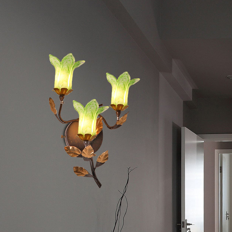 Dark Brown 3 Bulbs Wall Light American Garden Metal Lotus/Lily/Tulip LED Wall Mount Lighting for Living Room Clearhalo 'Wall Lamps & Sconces' 'Wall Lights' Lighting' 401624