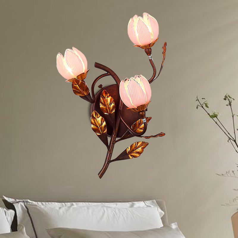 Dark Brown 3 Bulbs Wall Light American Garden Metal Lotus/Lily/Tulip LED Wall Mount Lighting for Living Room Dark Brown E Clearhalo 'Wall Lamps & Sconces' 'Wall Lights' Lighting' 401629