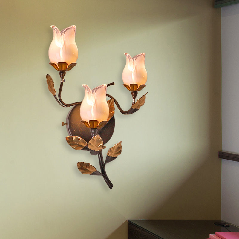 Dark Brown 3 Bulbs Wall Light American Garden Metal Lotus/Lily/Tulip LED Wall Mount Lighting for Living Room Dark Brown F Clearhalo 'Wall Lamps & Sconces' 'Wall Lights' Lighting' 401632