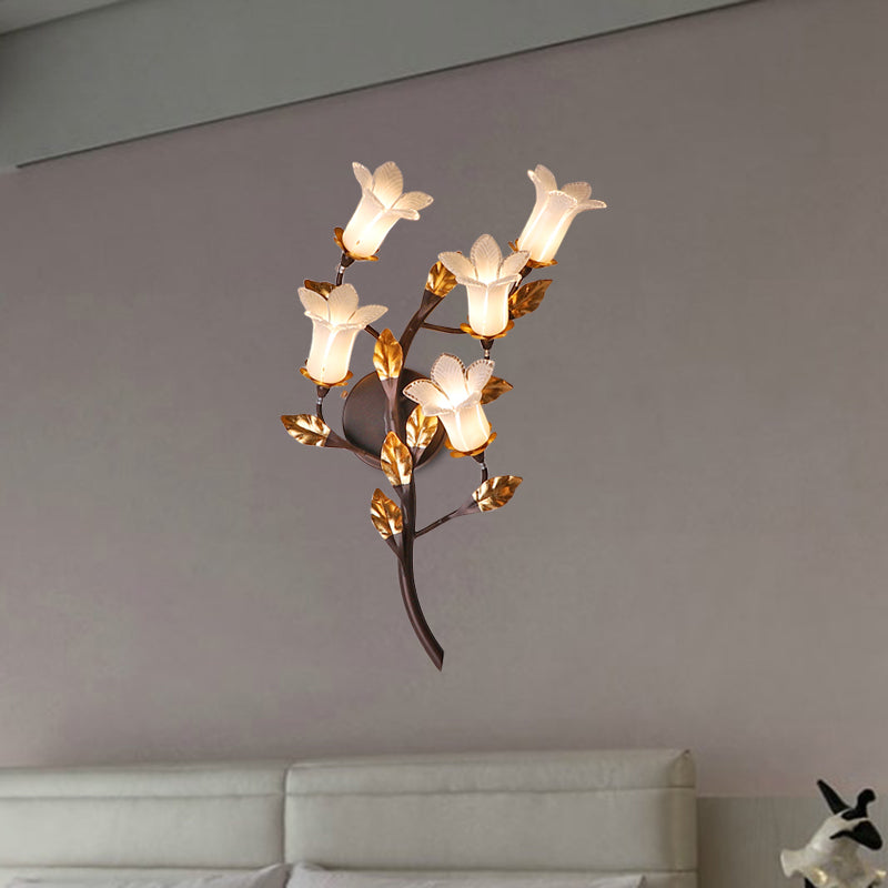 Metal Lotus/Lily/Tulip Wall Lamp American Garden 5 Heads Bedroom Sconce Lighting Fixture in Dark Brown Dark Brown A Clearhalo 'Wall Lamps & Sconces' 'Wall Lights' Lighting' 401635