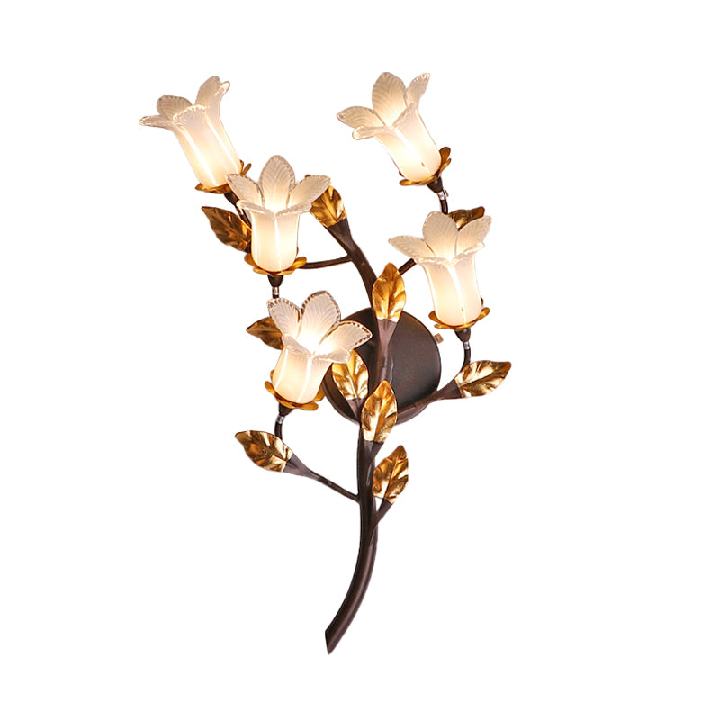 Metal Lotus/Lily/Tulip Wall Lamp American Garden 5 Heads Bedroom Sconce Lighting Fixture in Dark Brown Clearhalo 'Wall Lamps & Sconces' 'Wall Lights' Lighting' 401637