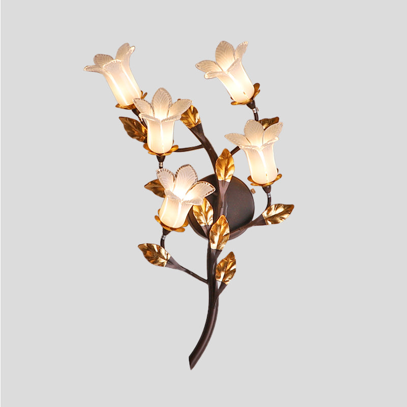 Metal Lotus/Lily/Tulip Wall Lamp American Garden 5 Heads Bedroom Sconce Lighting Fixture in Dark Brown Clearhalo 'Wall Lamps & Sconces' 'Wall Lights' Lighting' 401638