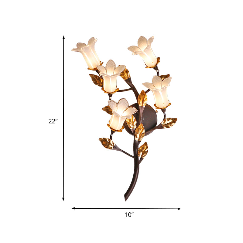 Metal Lotus/Lily/Tulip Wall Lamp American Garden 5 Heads Bedroom Sconce Lighting Fixture in Dark Brown Clearhalo 'Wall Lamps & Sconces' 'Wall Lights' Lighting' 401639