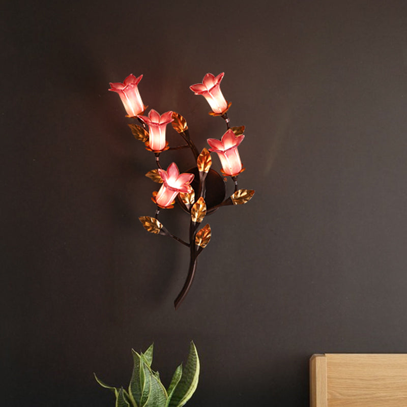 Metal Lotus/Lily/Tulip Wall Lamp American Garden 5 Heads Bedroom Sconce Lighting Fixture in Dark Brown Clearhalo 'Wall Lamps & Sconces' 'Wall Lights' Lighting' 401641