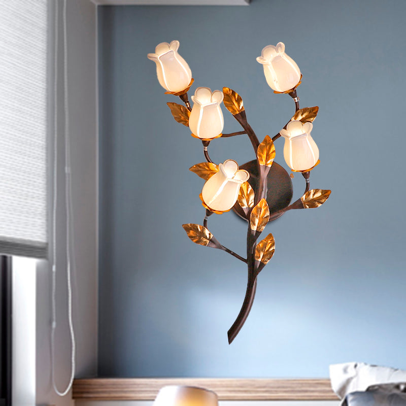 Metal Lotus/Lily/Tulip Wall Lamp American Garden 5 Heads Bedroom Sconce Lighting Fixture in Dark Brown Dark Brown D Clearhalo 'Wall Lamps & Sconces' 'Wall Lights' Lighting' 401646