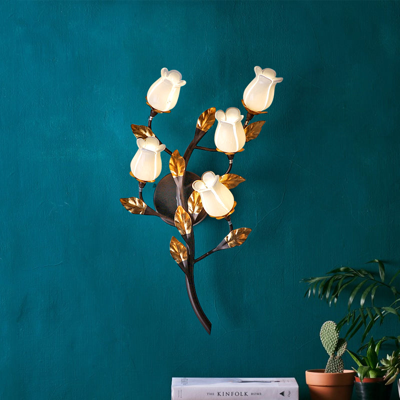 Metal Lotus/Lily/Tulip Wall Lamp American Garden 5 Heads Bedroom Sconce Lighting Fixture in Dark Brown Clearhalo 'Wall Lamps & Sconces' 'Wall Lights' Lighting' 401647