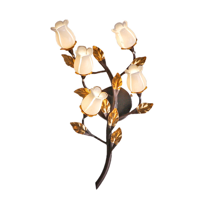 Metal Lotus/Lily/Tulip Wall Lamp American Garden 5 Heads Bedroom Sconce Lighting Fixture in Dark Brown Clearhalo 'Wall Lamps & Sconces' 'Wall Lights' Lighting' 401648