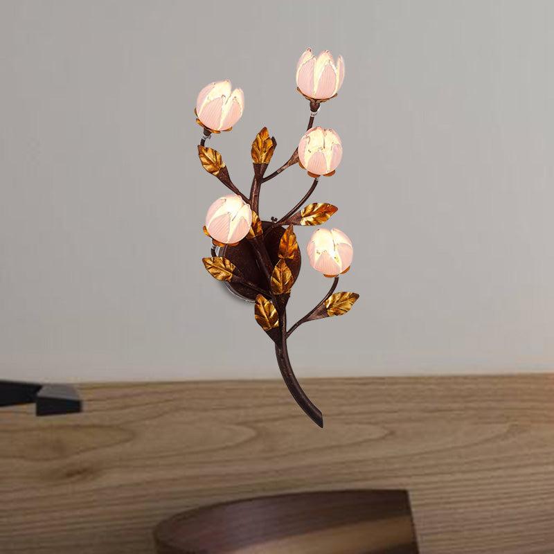 Metal Lotus/Lily/Tulip Wall Lamp American Garden 5 Heads Bedroom Sconce Lighting Fixture in Dark Brown Clearhalo 'Wall Lamps & Sconces' 'Wall Lights' Lighting' 401650