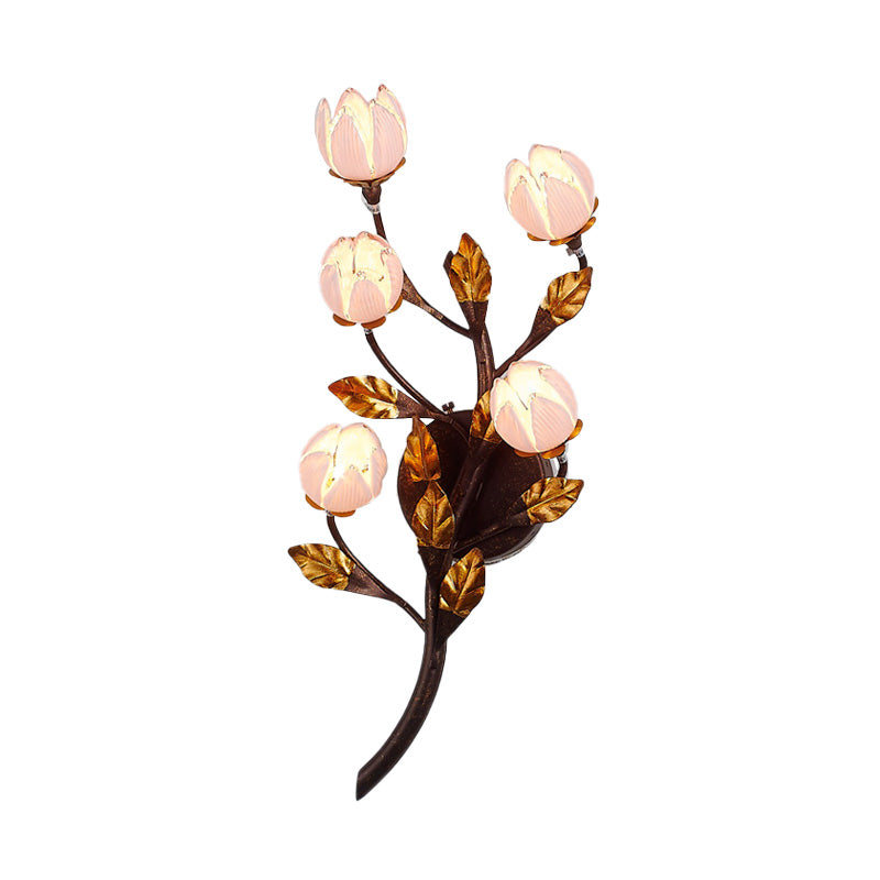 Metal Lotus/Lily/Tulip Wall Lamp American Garden 5 Heads Bedroom Sconce Lighting Fixture in Dark Brown Clearhalo 'Wall Lamps & Sconces' 'Wall Lights' Lighting' 401651