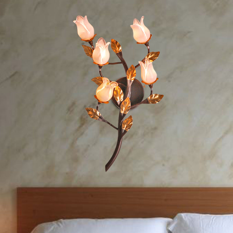 Metal Lotus/Lily/Tulip Wall Lamp American Garden 5 Heads Bedroom Sconce Lighting Fixture in Dark Brown Dark Brown F Clearhalo 'Wall Lamps & Sconces' 'Wall Lights' Lighting' 401652