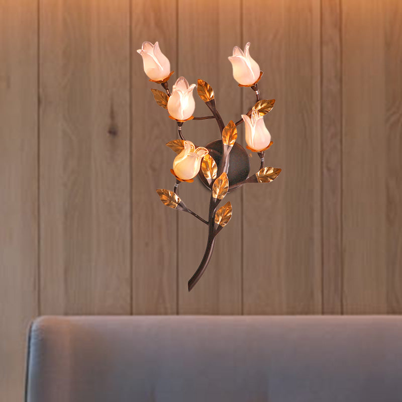 Metal Lotus/Lily/Tulip Wall Lamp American Garden 5 Heads Bedroom Sconce Lighting Fixture in Dark Brown Clearhalo 'Wall Lamps & Sconces' 'Wall Lights' Lighting' 401653