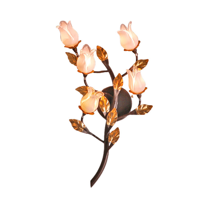 Metal Lotus/Lily/Tulip Wall Lamp American Garden 5 Heads Bedroom Sconce Lighting Fixture in Dark Brown Clearhalo 'Wall Lamps & Sconces' 'Wall Lights' Lighting' 401654