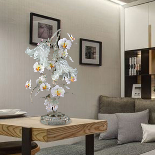 Metal Silver Night Table Lamp Flower 2 Bulbs Countryside Nightstand Lighting for Living Room Silver Clearhalo 'Lamps' 'Table Lamps' Lighting' 401655