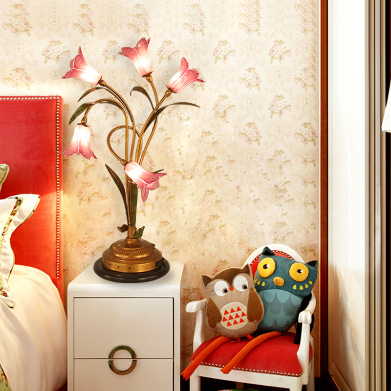 Lily Bedroom Night Table Lighting Romantic Pastoral Metal 5 Lights Brass LED Nightstand Lamp Brass Clearhalo 'Lamps' 'Table Lamps' Lighting' 401677