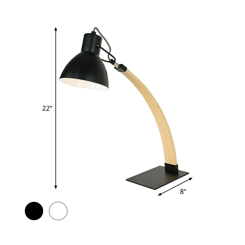 Domed Table Light Modern Metal 1 Head White/Black Small Desk Lamp with Curved Wood Arm Clearhalo 'Lamps' 'Table Lamps' Lighting' 401916